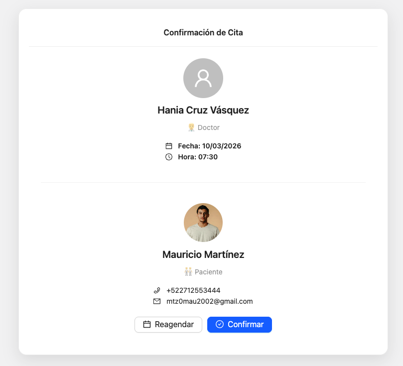 Pantalla de OneClinic donde el paciente confirma o reagenda su cita desde el celular