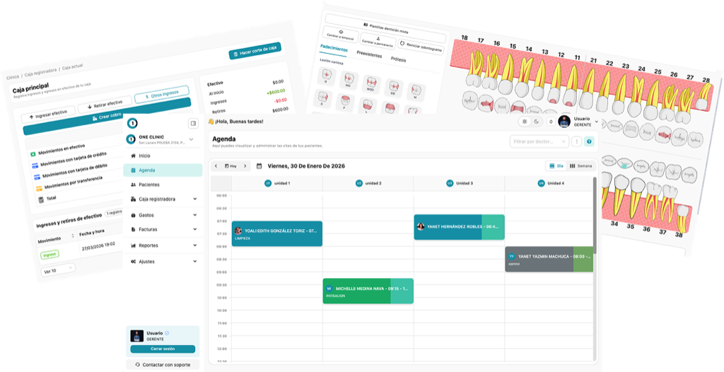 Pantallas de OneClinic: agenda de citas por especialista, caja con los movimientos del día y odontograma digital del paciente