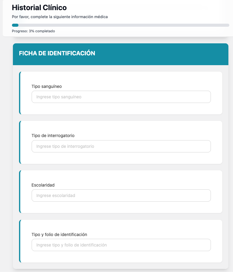 Formulario de historia clínica de OneClinic llenado por el paciente