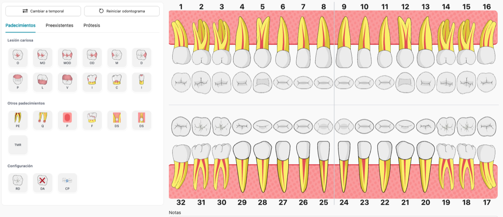 Odontograma digital interactivo de OneClinic con piezas dentales marcadas por condición